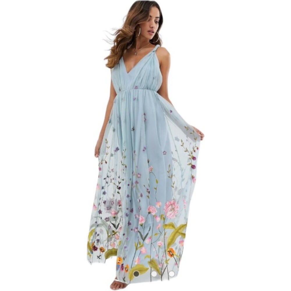 NWT ASOS Women's Maxi Dress Cocktail Blue Embroidered Sheer Size 6 Zipper Back